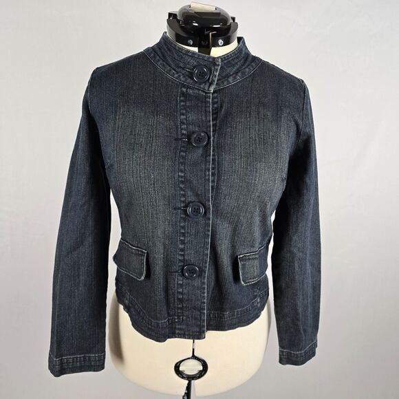 Levi's Jean Jacket Women's Large Mock Neck Button Dk Wash Blue Strauss Signature - Picture 1 of 16